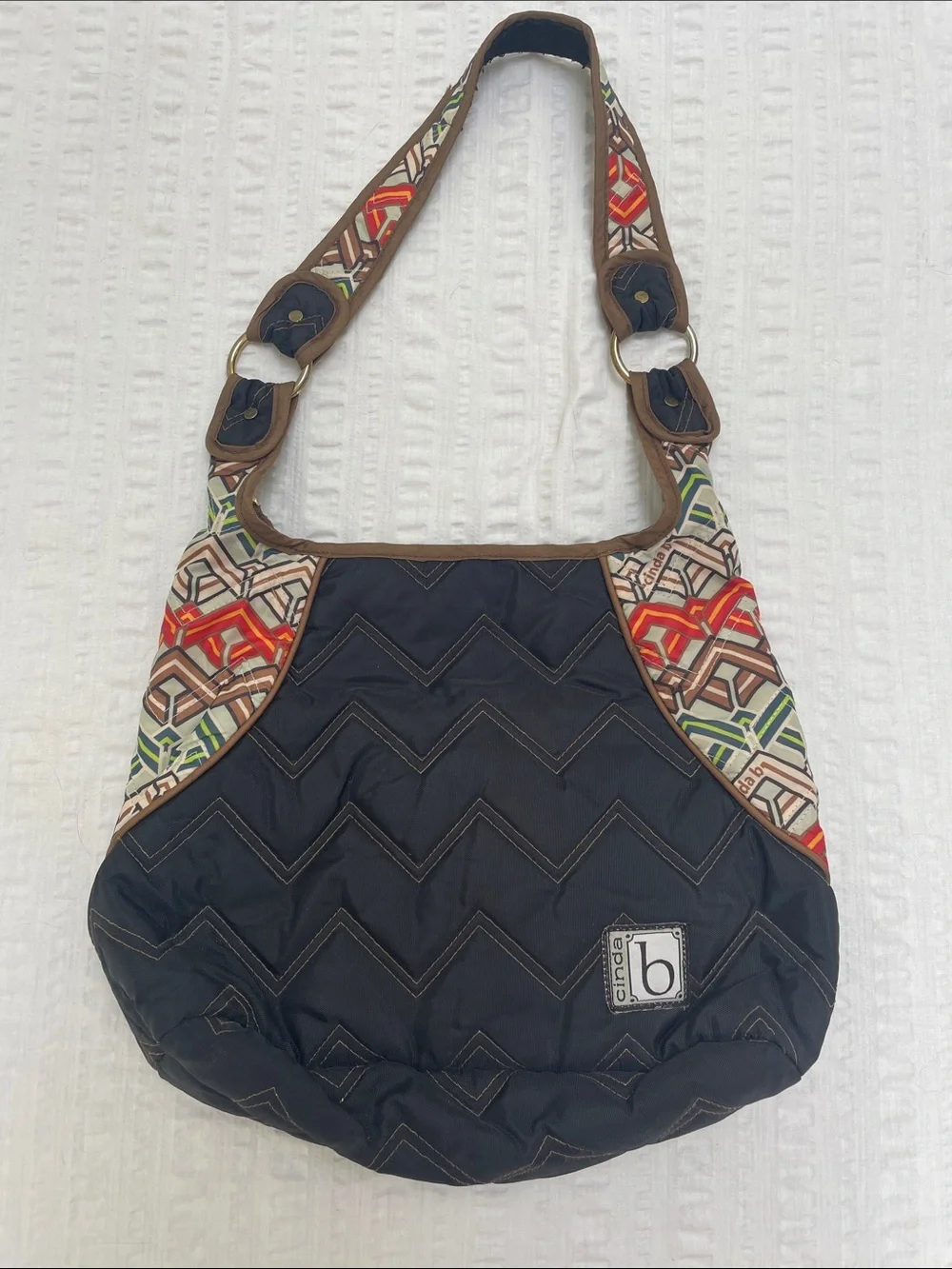 Cinda B Black Chevron Quilted Mini Hobo Bag Geometric Accent Boho